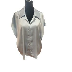 Rachel Zoe Satin Button Down Blouse Light Blue Cap Sleeve XL NEW